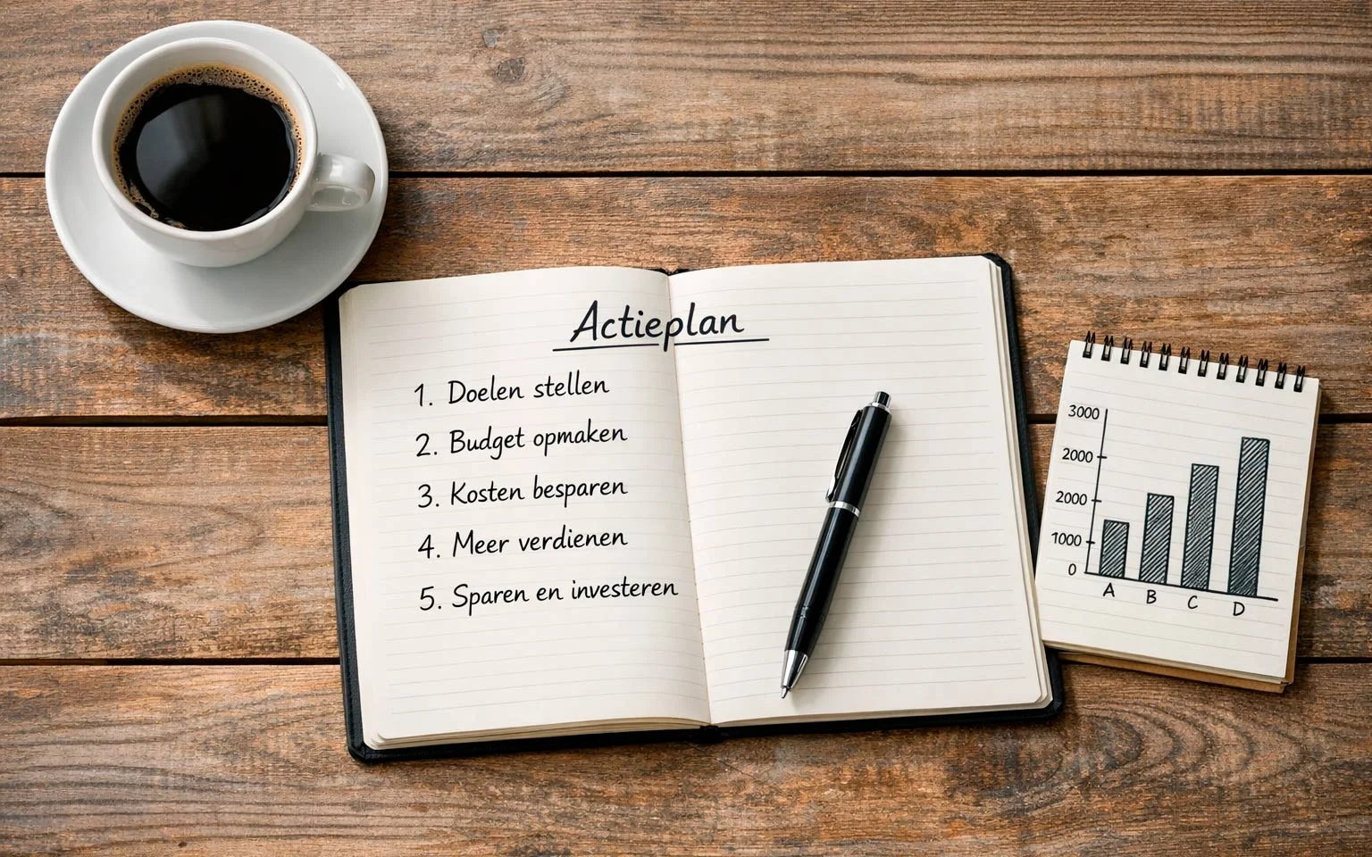 Notitieboekje met een pen op tafel naast een kopje koffie voor wedplanning