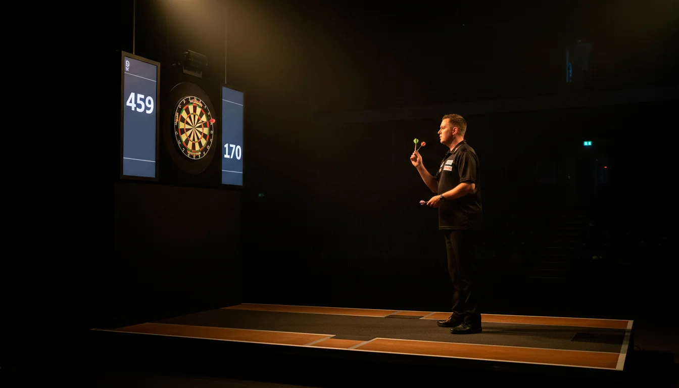 Dartspeler bestudeert het scorebord naast het dartbord voor zijn volgende worp