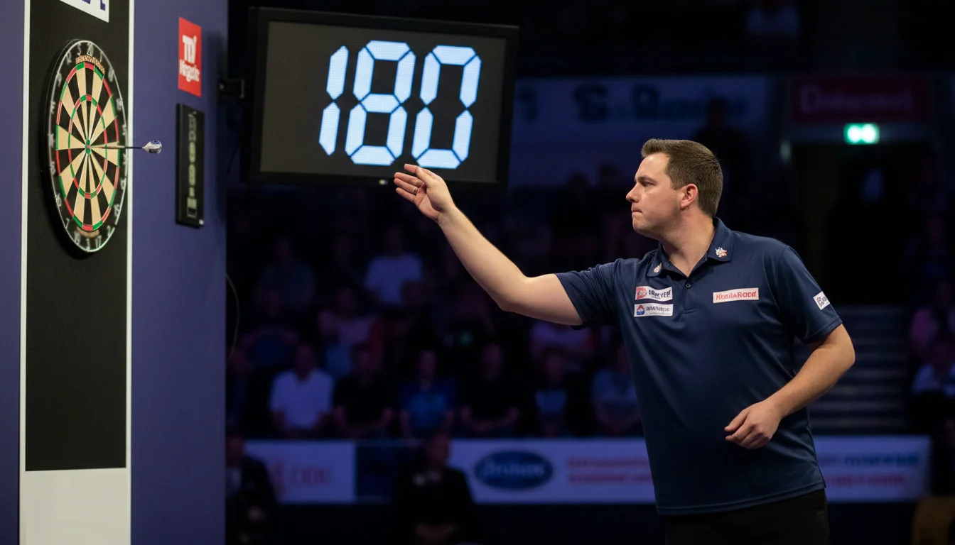 Dartspeler gooit pijl naar dartbord met scorebord op de achtergrond