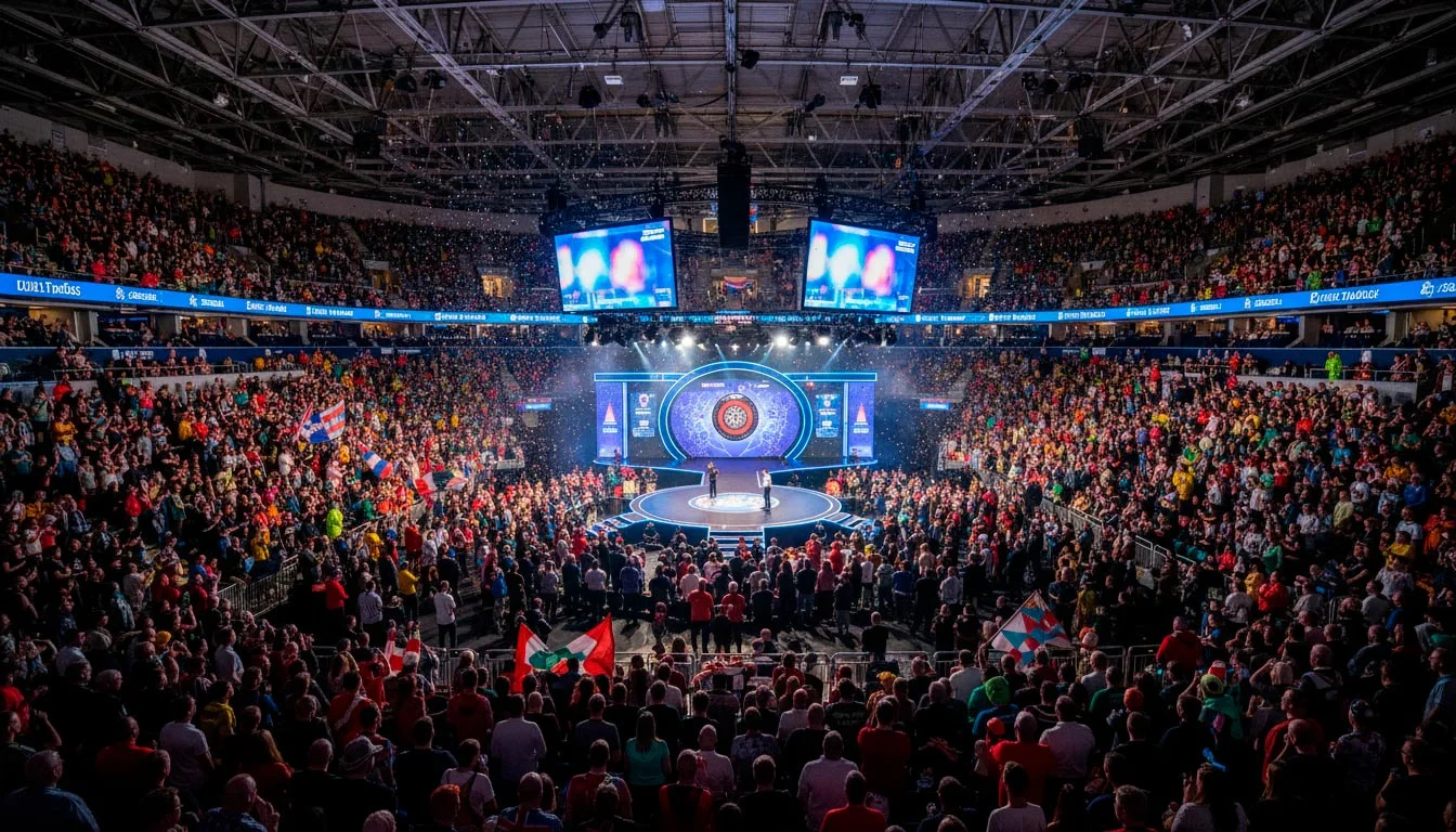 Uitverkochte dartsarena met enthousiast publiek en dartpodium in het midden