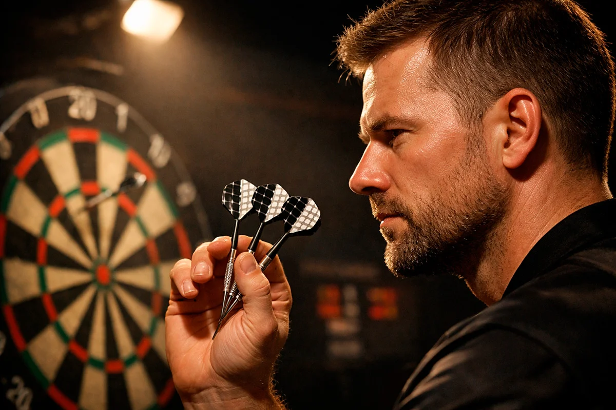 Close-up van een dartspeler die mikt op het dartbord onder felle podiumverlichting
