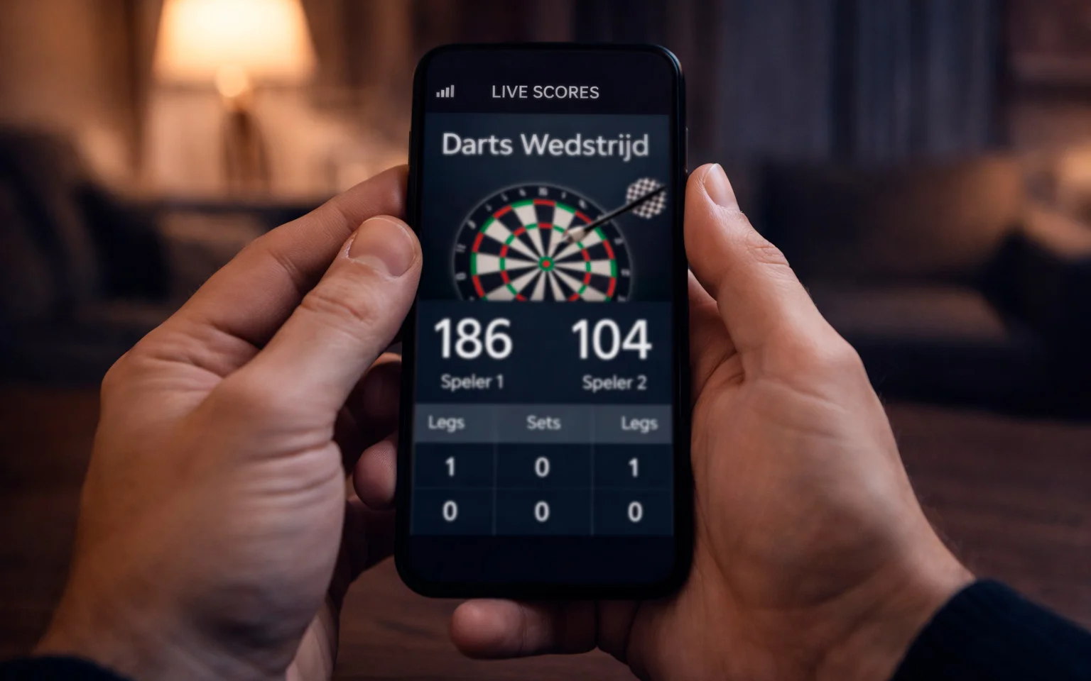 Persoon bekijkt een dartwedstrijd op een smartphone met live statistieken