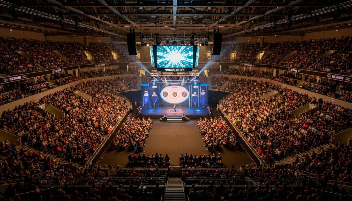Uitverkochte arena tijdens een Premier League Darts avond met spotlights op het podium
