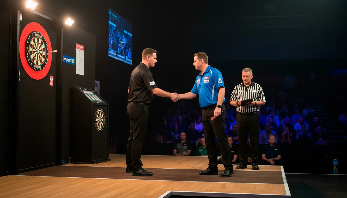Professionele dartspelers schudden handen bij het podium voor een wedstrijd