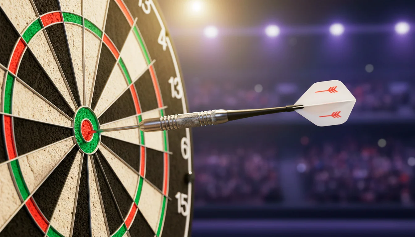 Dartspijl in het dartbord tijdens het WK Darts in Alexandra Palace